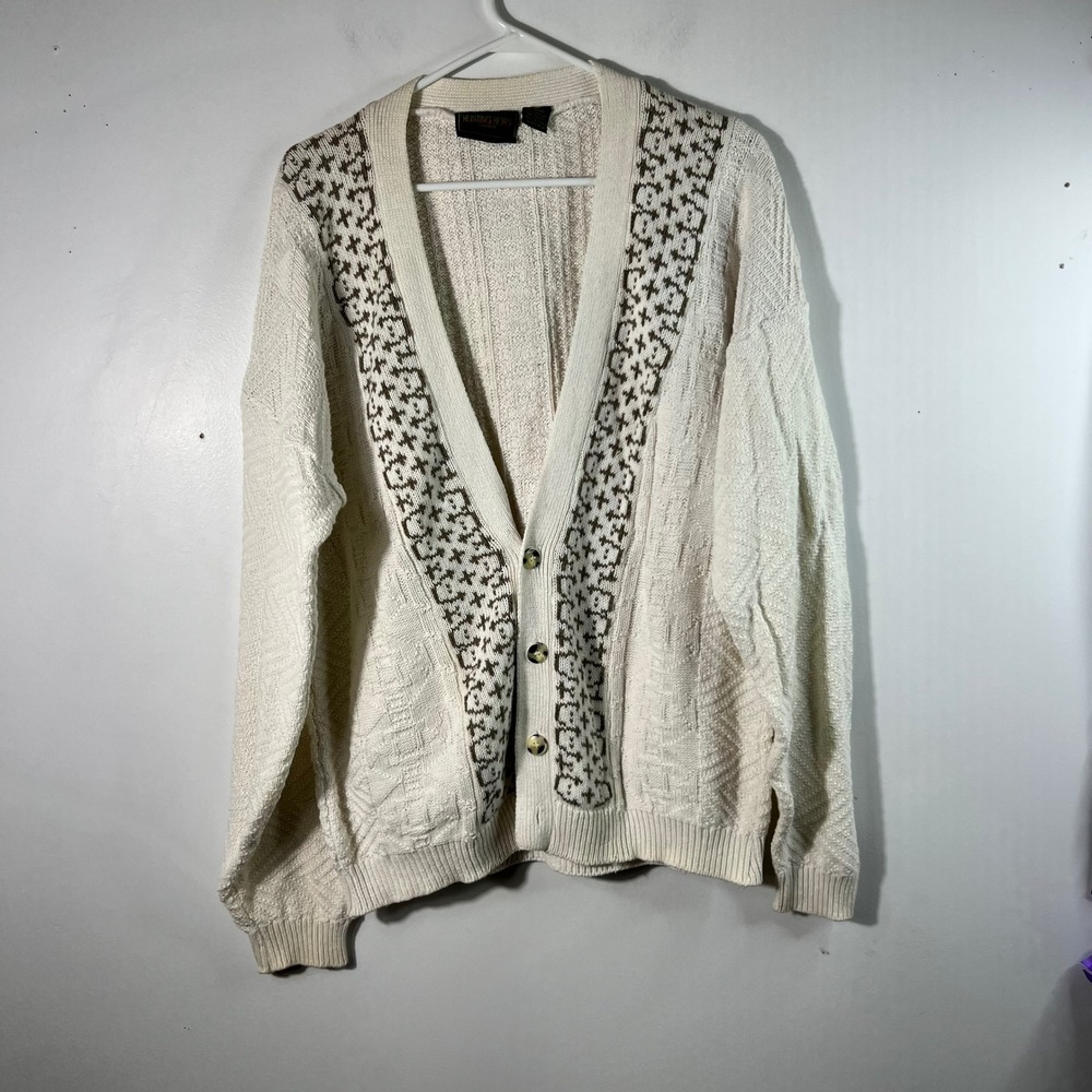Mens Vintage Hunting Horn V Neck Button Knit Cardigan Geometric Cream Brown XL